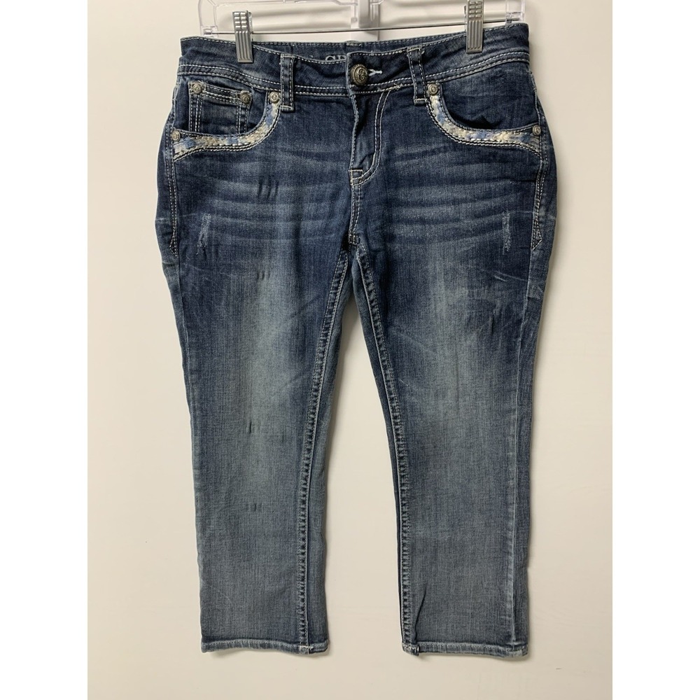 Grace In LA Capri Jeans Womens 29 Easy Fit Y2K Embellished Lace Pockets‎